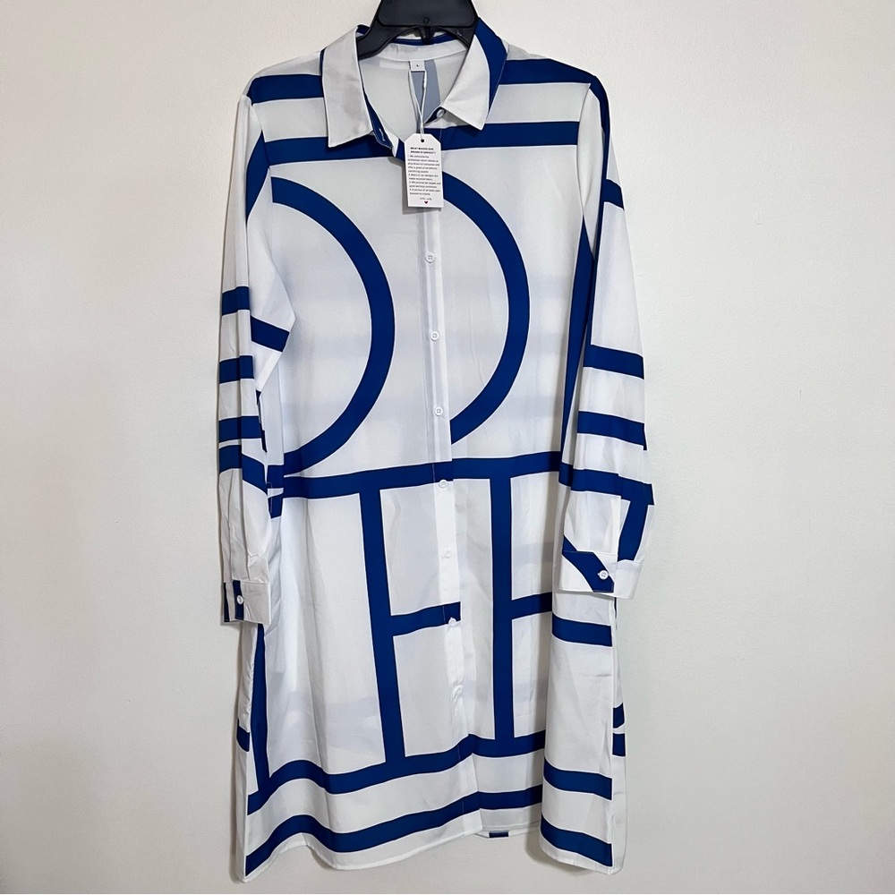 Blue and White Geometric Shirt Dress